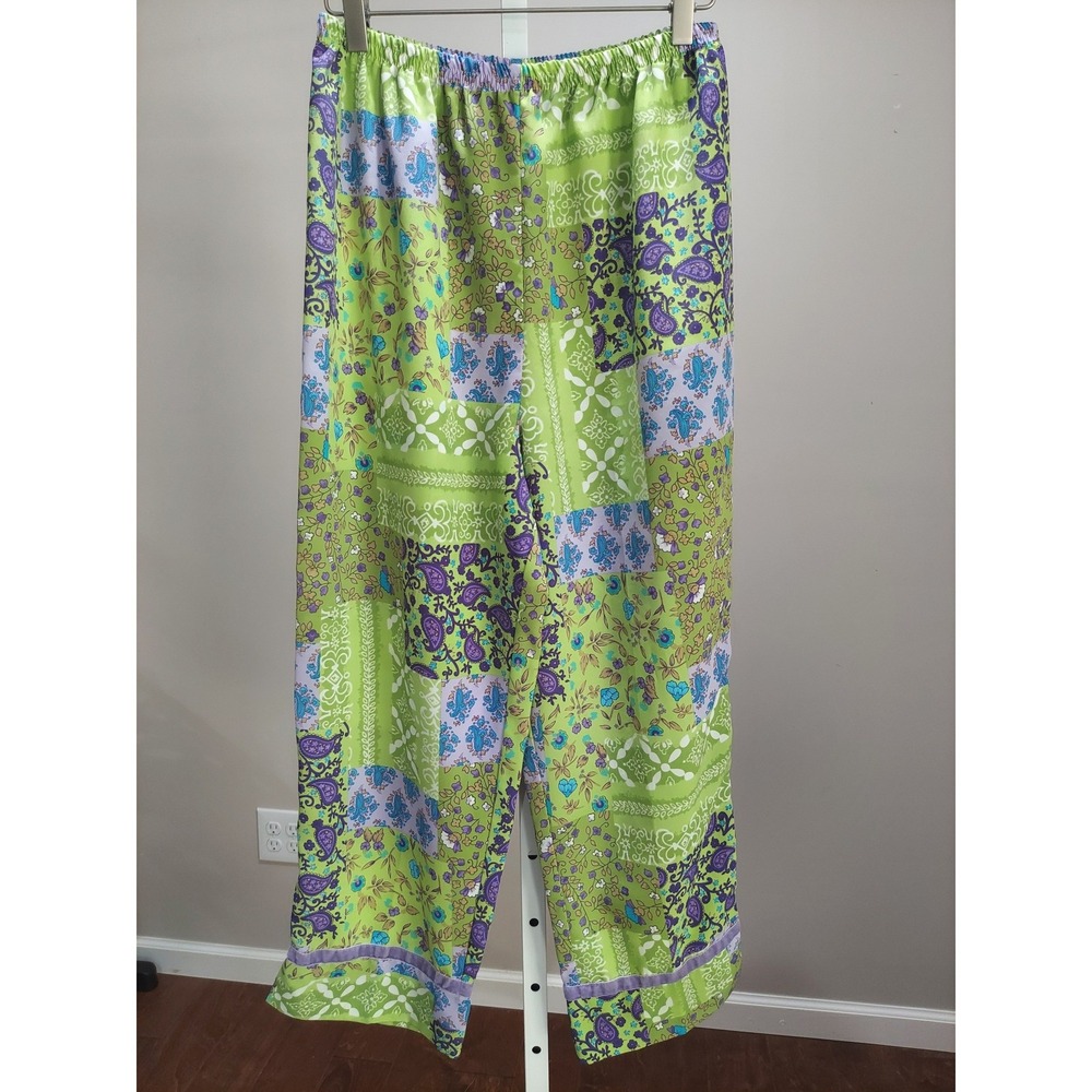 Coldwater Creek Womens M Pajama Pants Green Purple Patchwork Paisley Velvet Trim